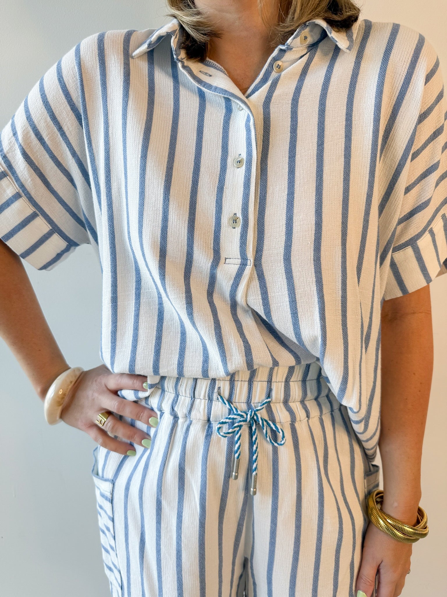 Stripe Linen Shirt & short Set - Blue