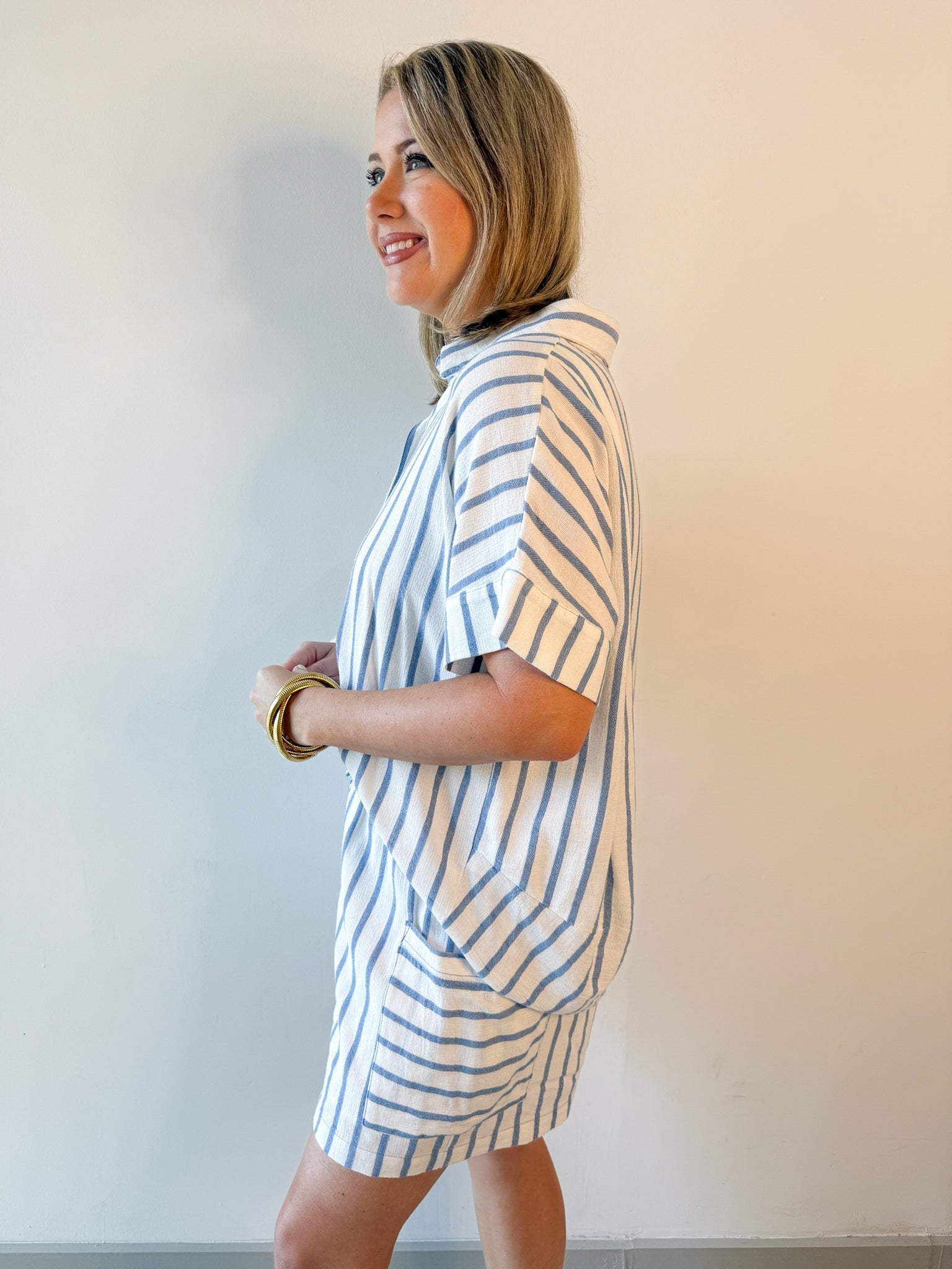 Stripe Linen Shirt & short Set - Blue