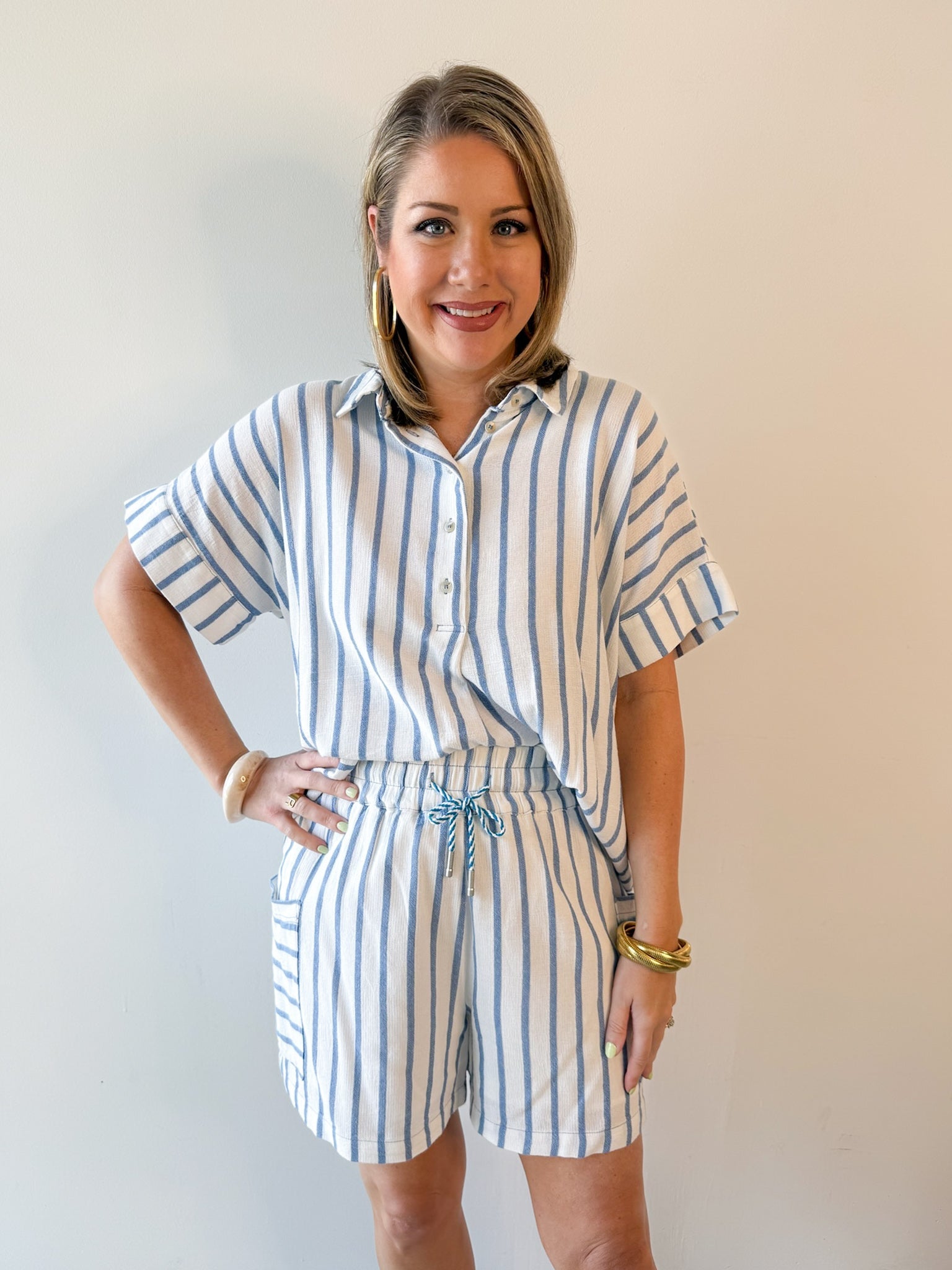 Stripe Linen Shirt & short Set - Blue