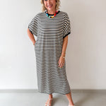 Stripe Short Sleeve Midi Dress - Black