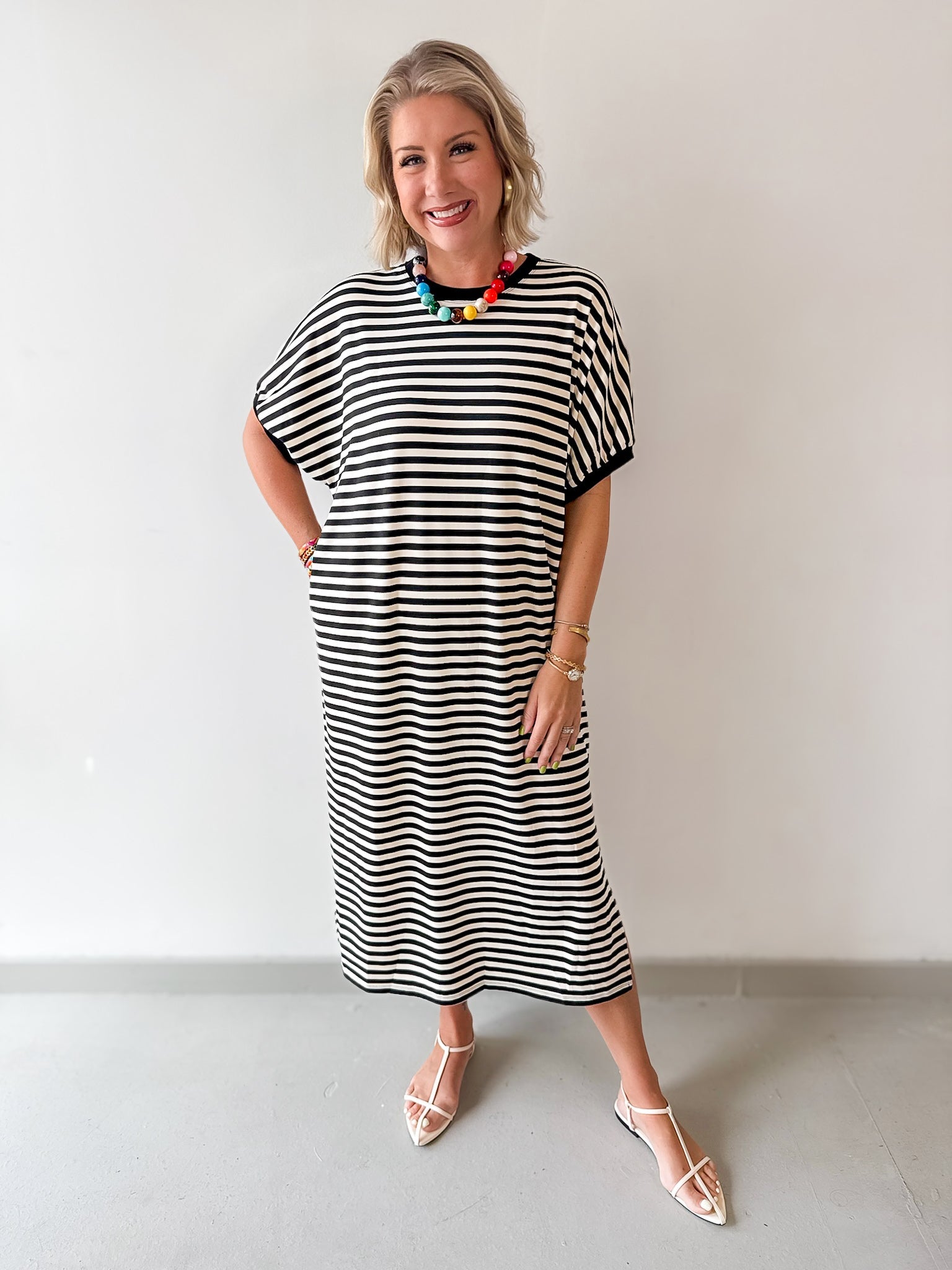 Stripe Short Sleeve Midi Dress - Black
