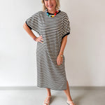 Stripe Short Sleeve Midi Dress - Black