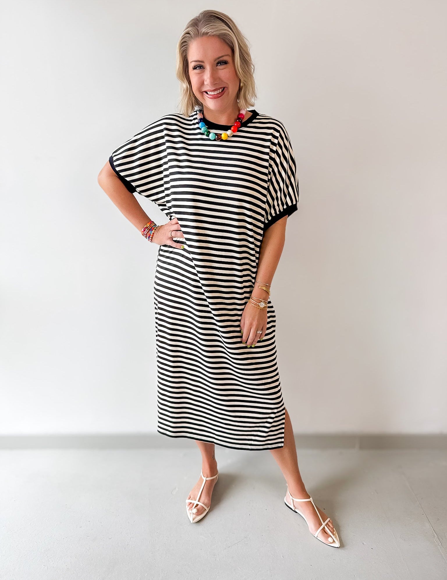 Stripe Short Sleeve Midi Dress - Black