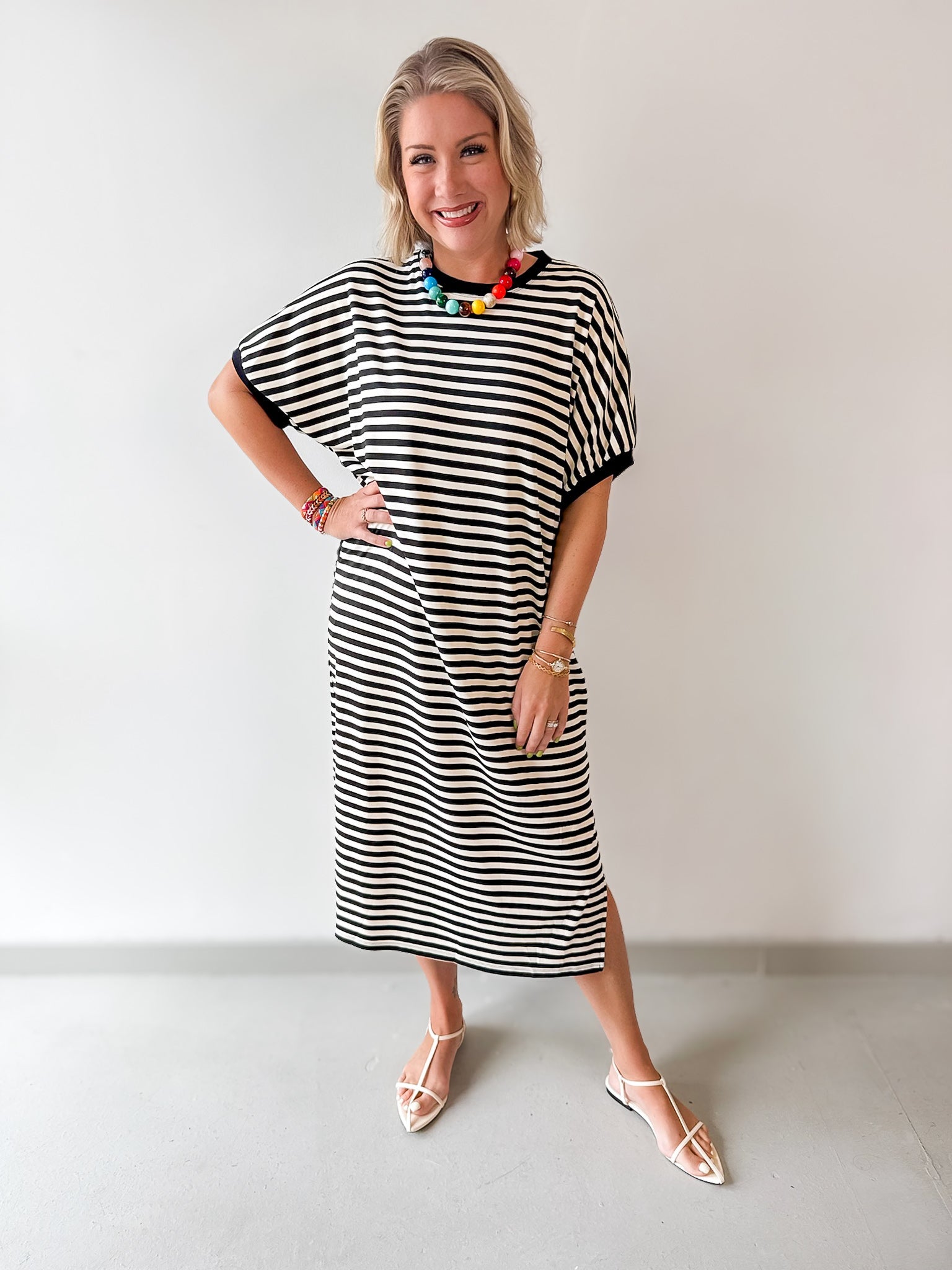 Stripe Short Sleeve Midi Dress - Black