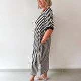 Stripe Short Sleeve Midi Dress - Black