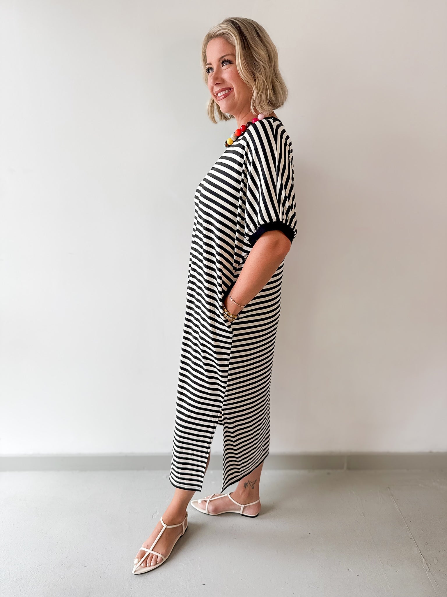Stripe Short Sleeve Midi Dress - Black