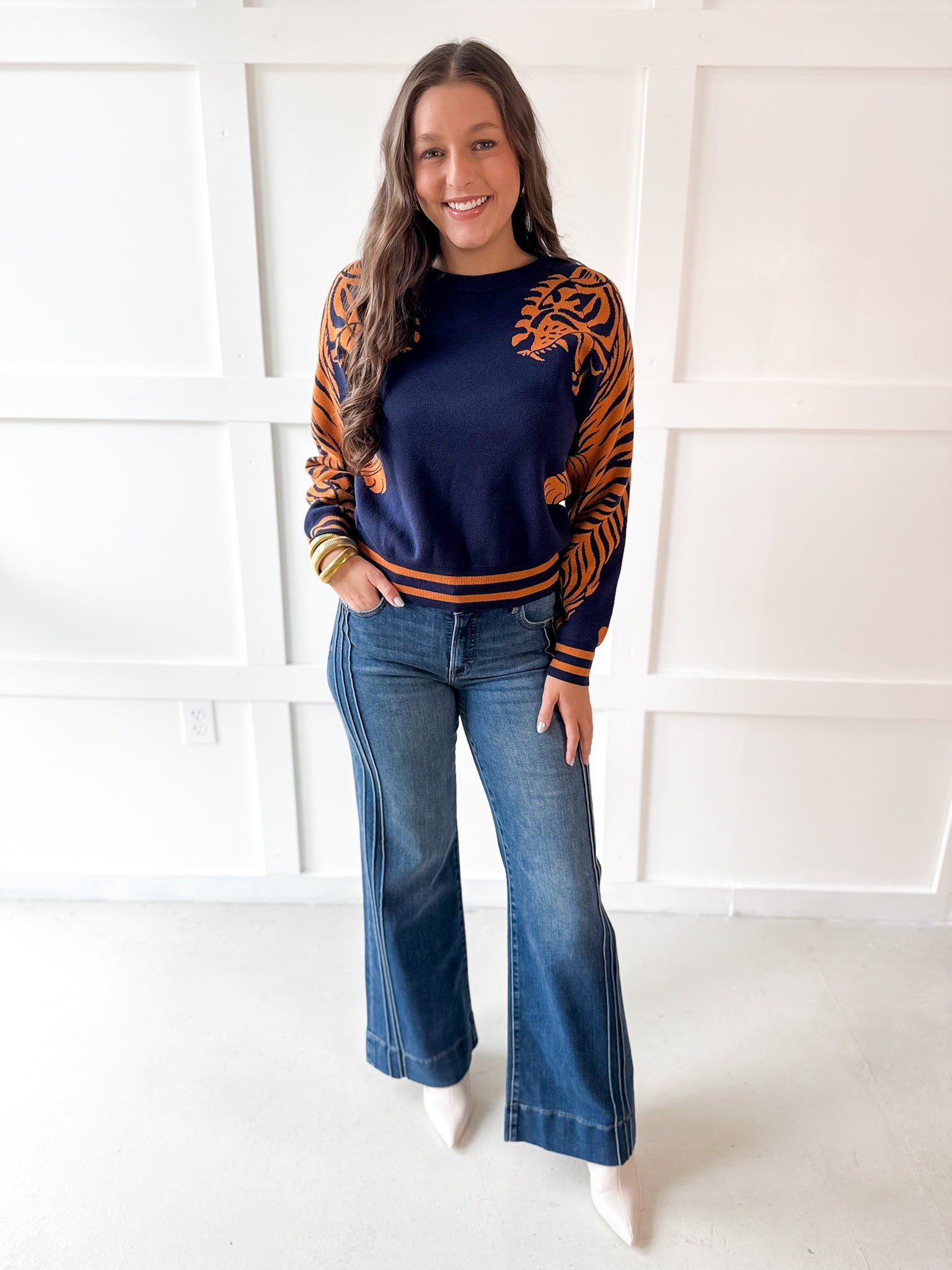 Stripe & Tiger Printed Top-Navy