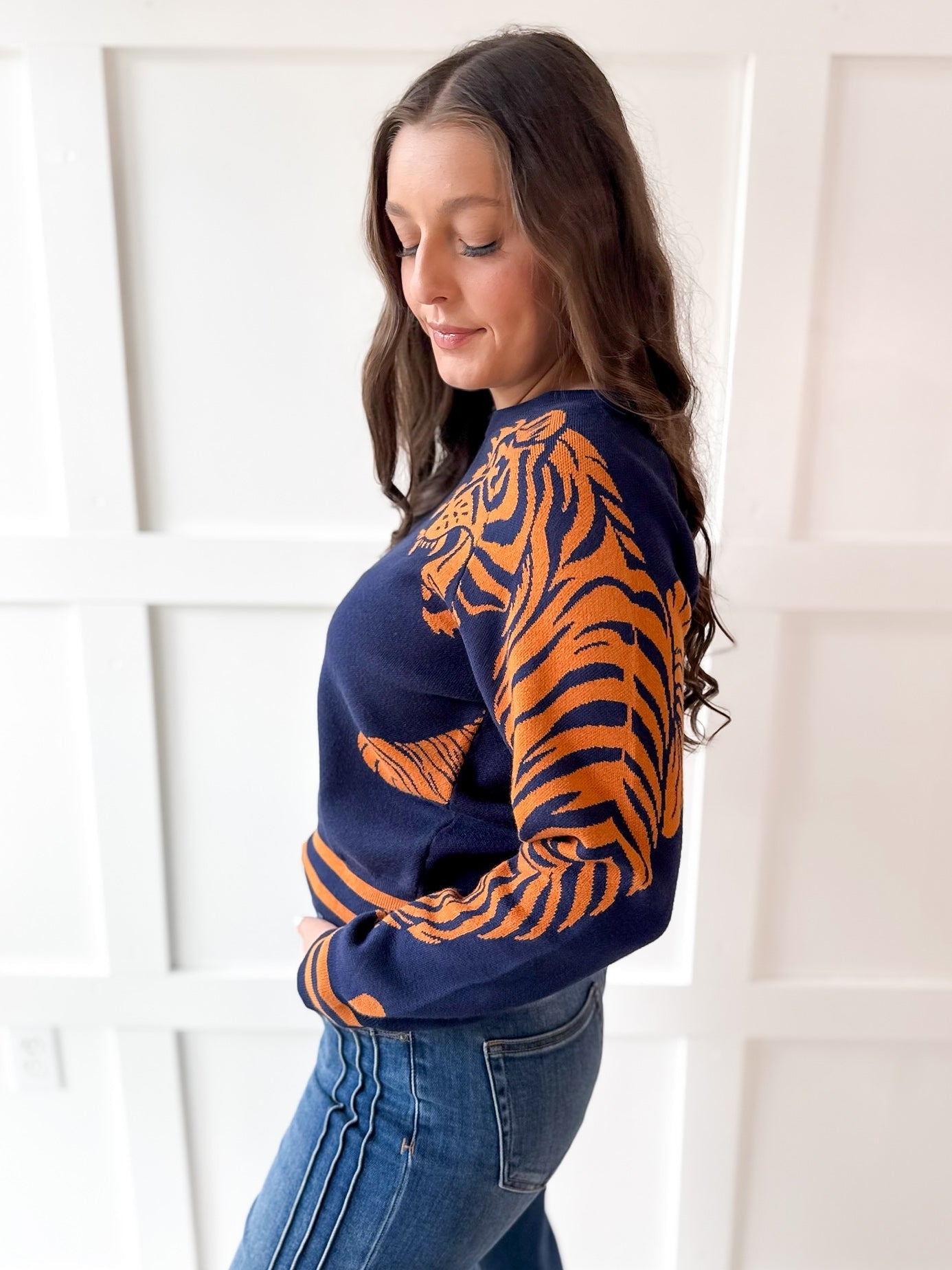 Stripe & Tiger Printed Top-Navy