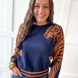 Stripe & Tiger Printed Top-Navy