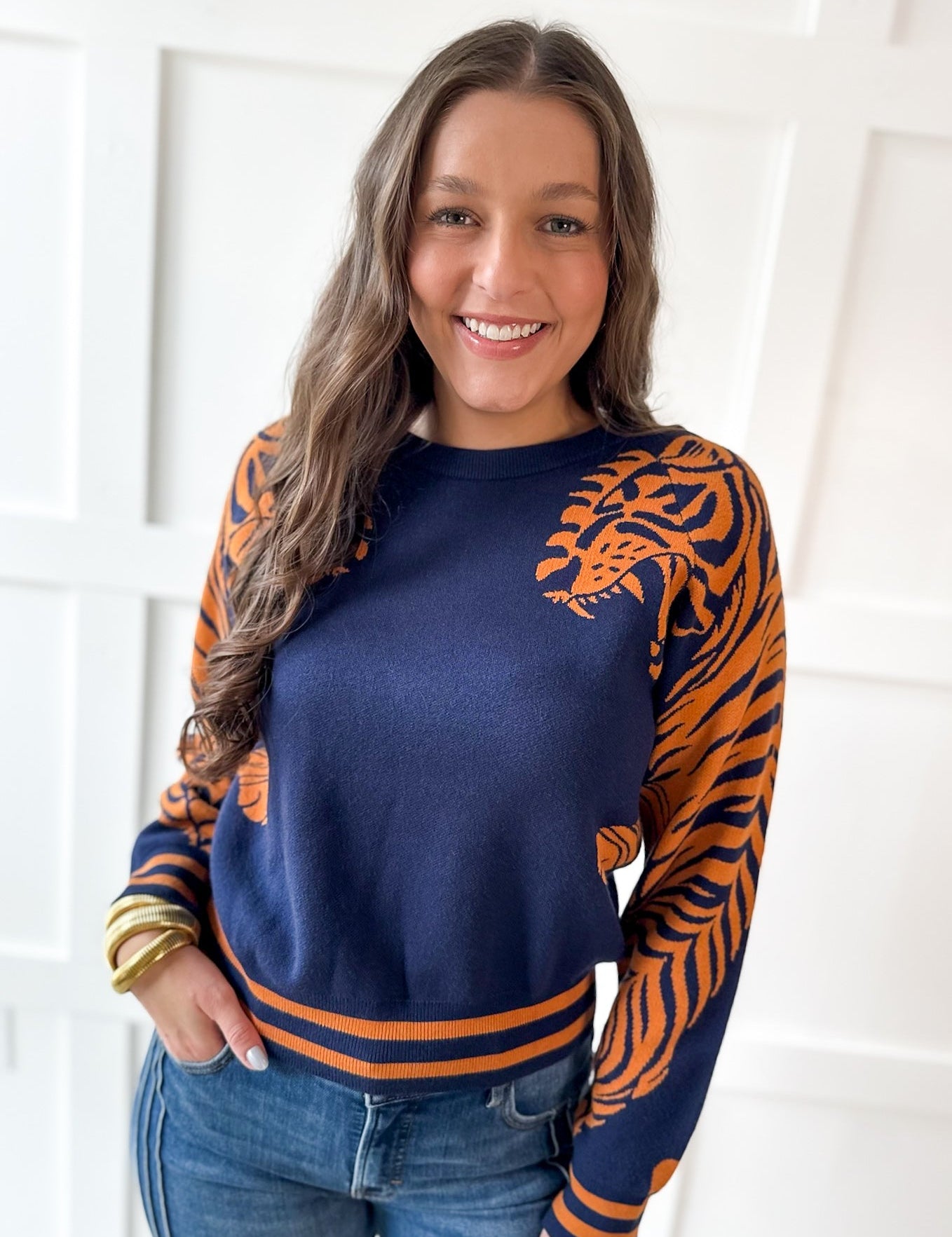 Stripe & Tiger Printed Top-Navy