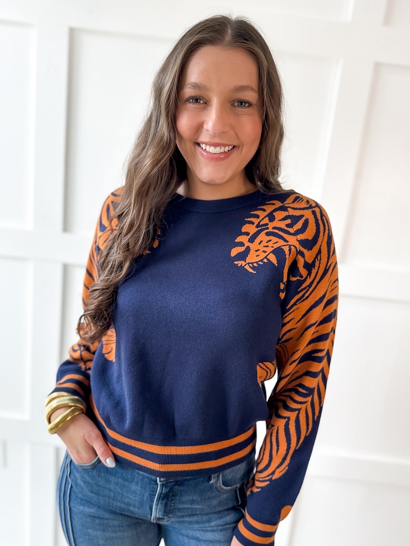 Stripe & Tiger Printed Top-Navy