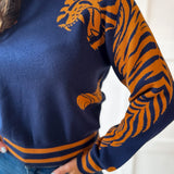 Stripe & Tiger Printed Top-Navy