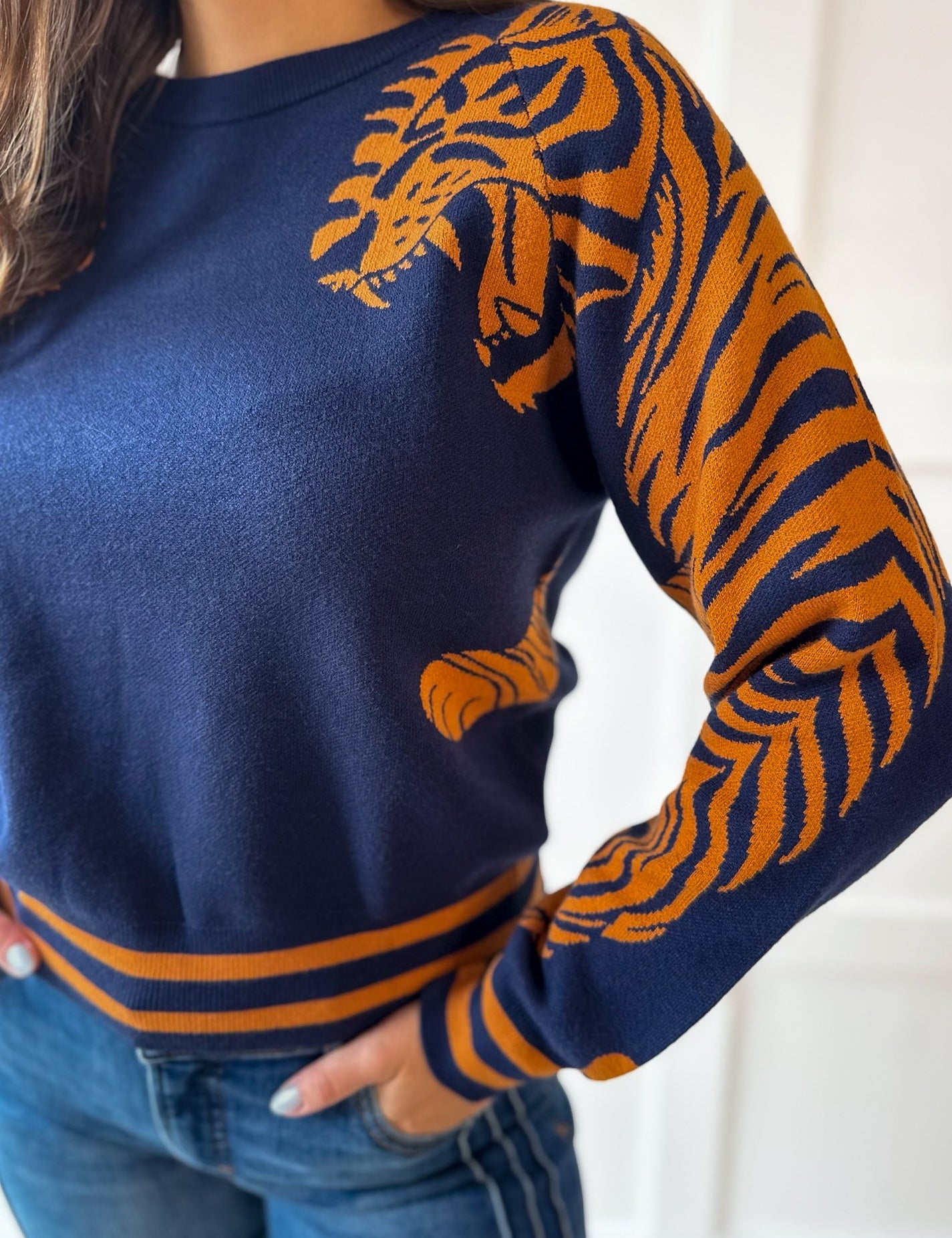 Stripe & Tiger Printed Top-Navy
