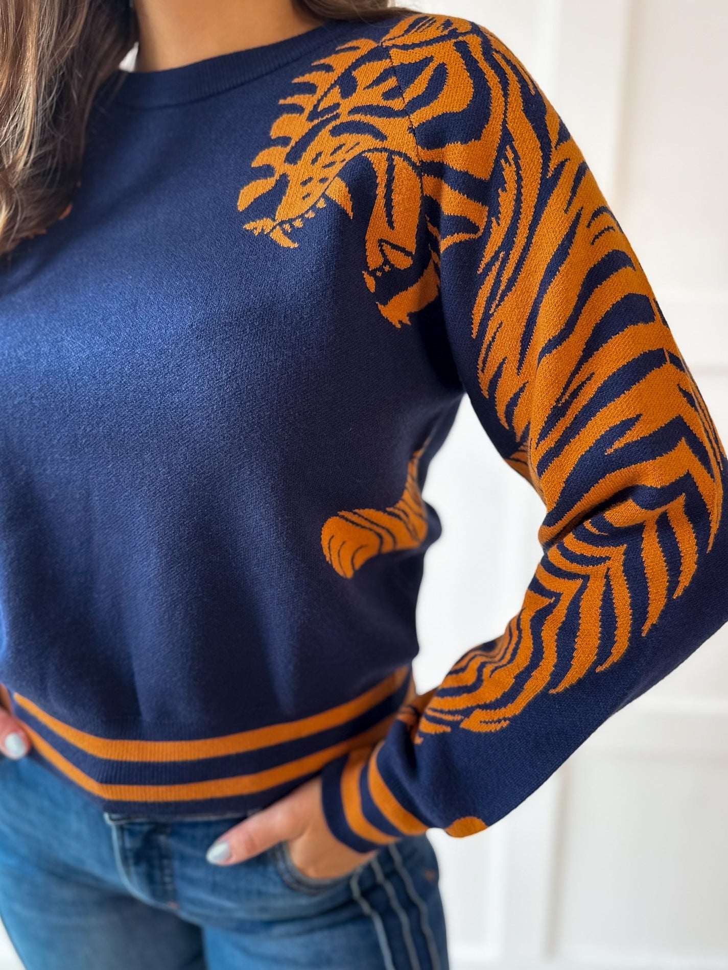 Stripe & Tiger Printed Top-Navy