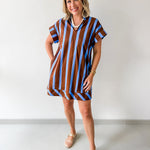 Stripe V Neck Shift Dress - Blue-Brown
