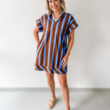 Stripe V Neck Shift Dress - Blue-Brown