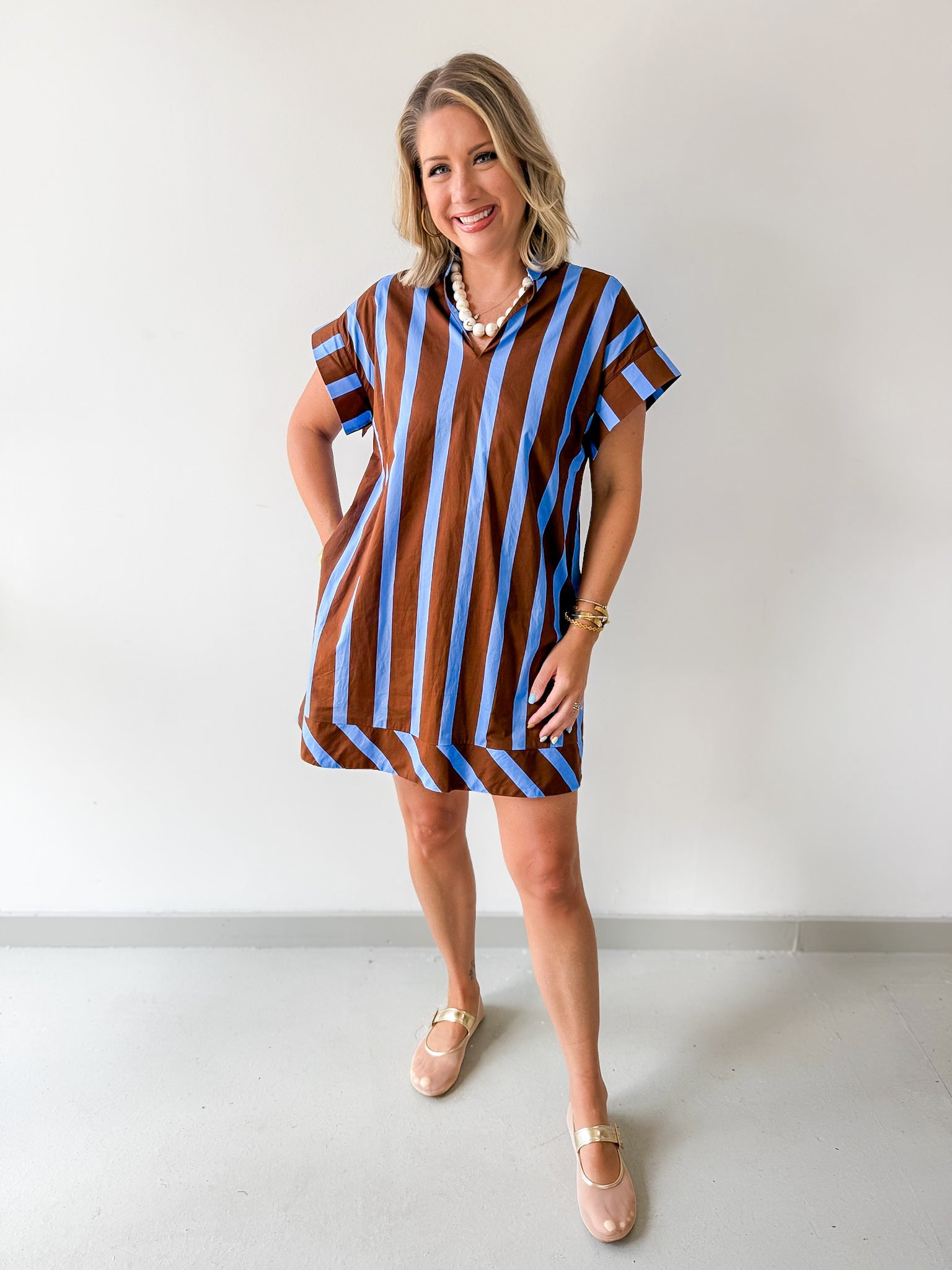 Stripe V Neck Shift Dress - Blue-Brown
