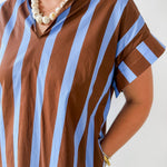 Stripe V Neck Shift Dress - Blue-Brown