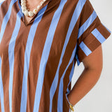 Stripe V Neck Shift Dress - Blue-Brown
