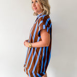 Stripe V Neck Shift Dress - Blue-Brown