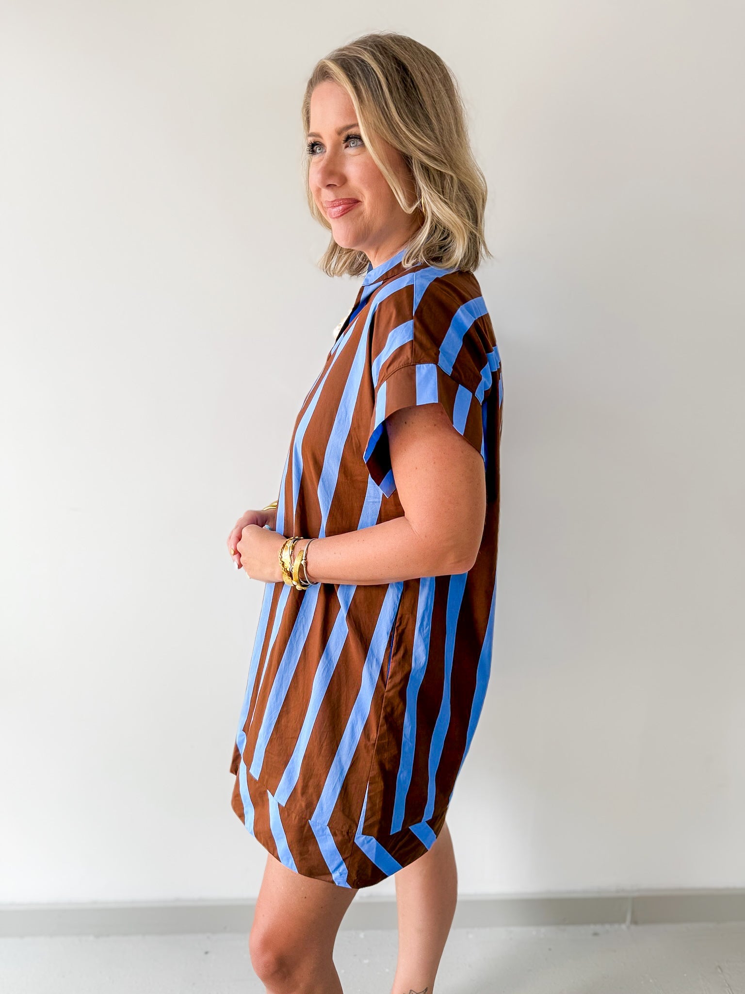 Stripe V Neck Shift Dress - Blue-Brown
