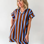 Stripe V Neck Shift Dress - Blue-Brown