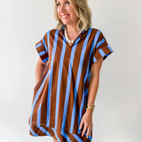 Stripe V Neck Shift Dress - Blue-Brown