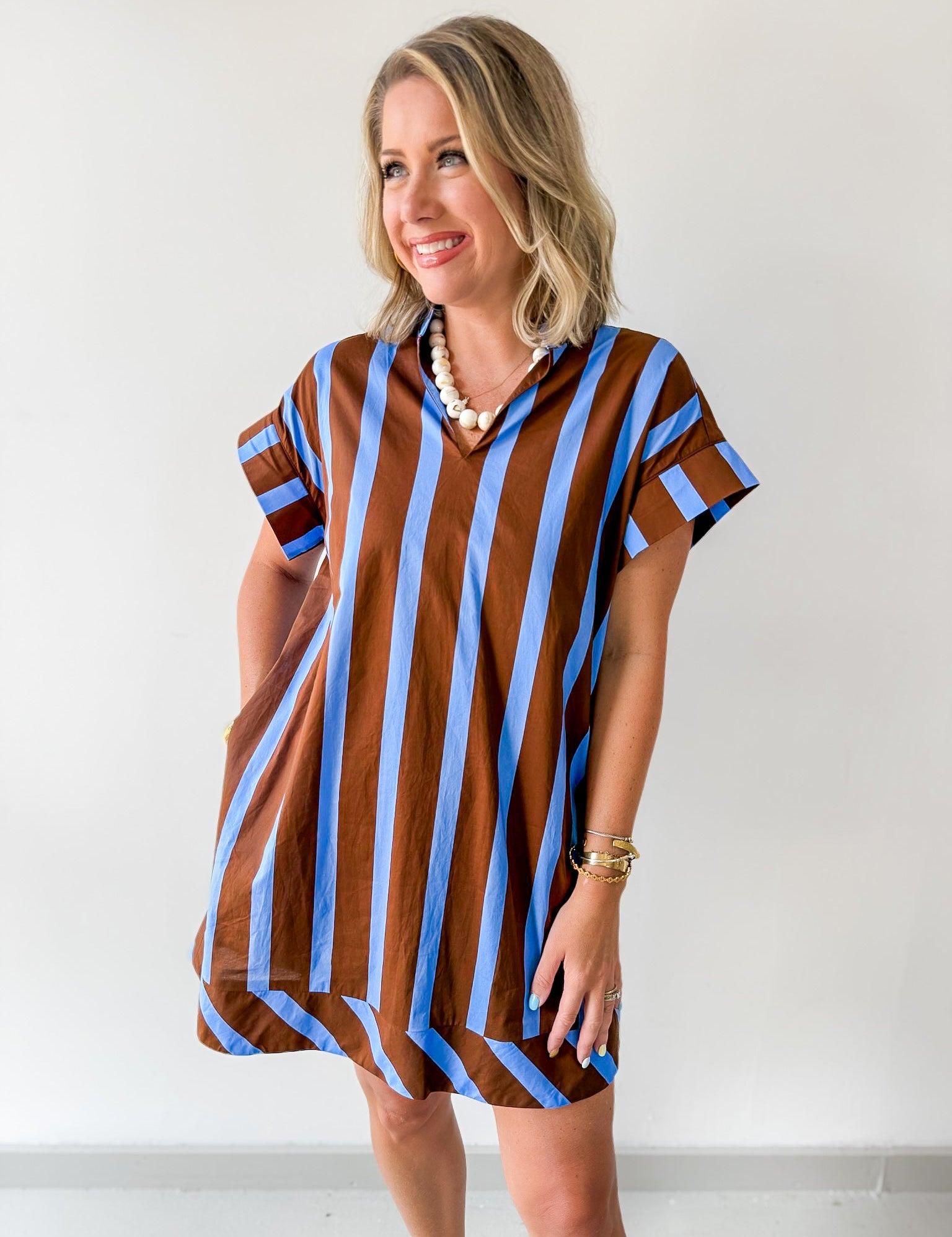 Stripe V Neck Shift Dress - Blue-Brown