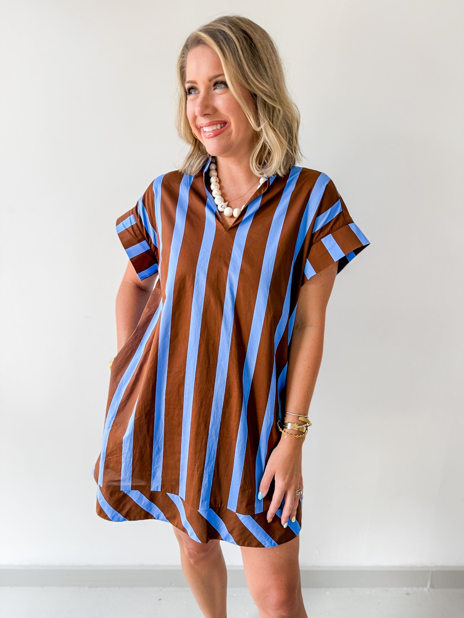 Stripe V Neck Shift Dress - Blue-Brown
