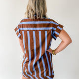 Stripe V Neck Shift Dress - Blue-Brown