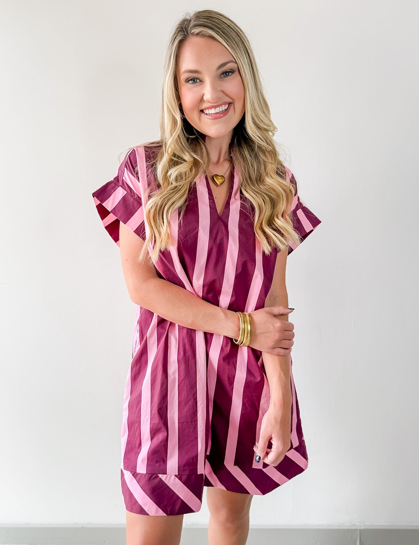 Stripe V Neck Shift Dress - Plum-Pink