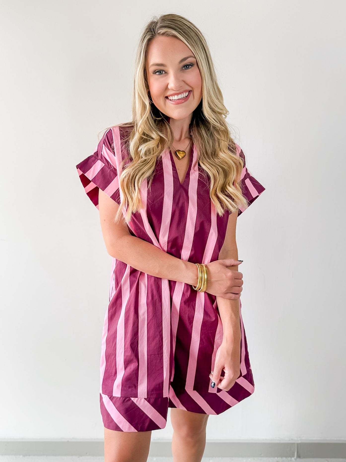 Stripe V Neck Shift Dress - Plum-Pink