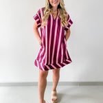 Stripe V Neck Shift Dress - Plum-Pink
