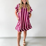 Stripe V Neck Shift Dress - Plum-Pink