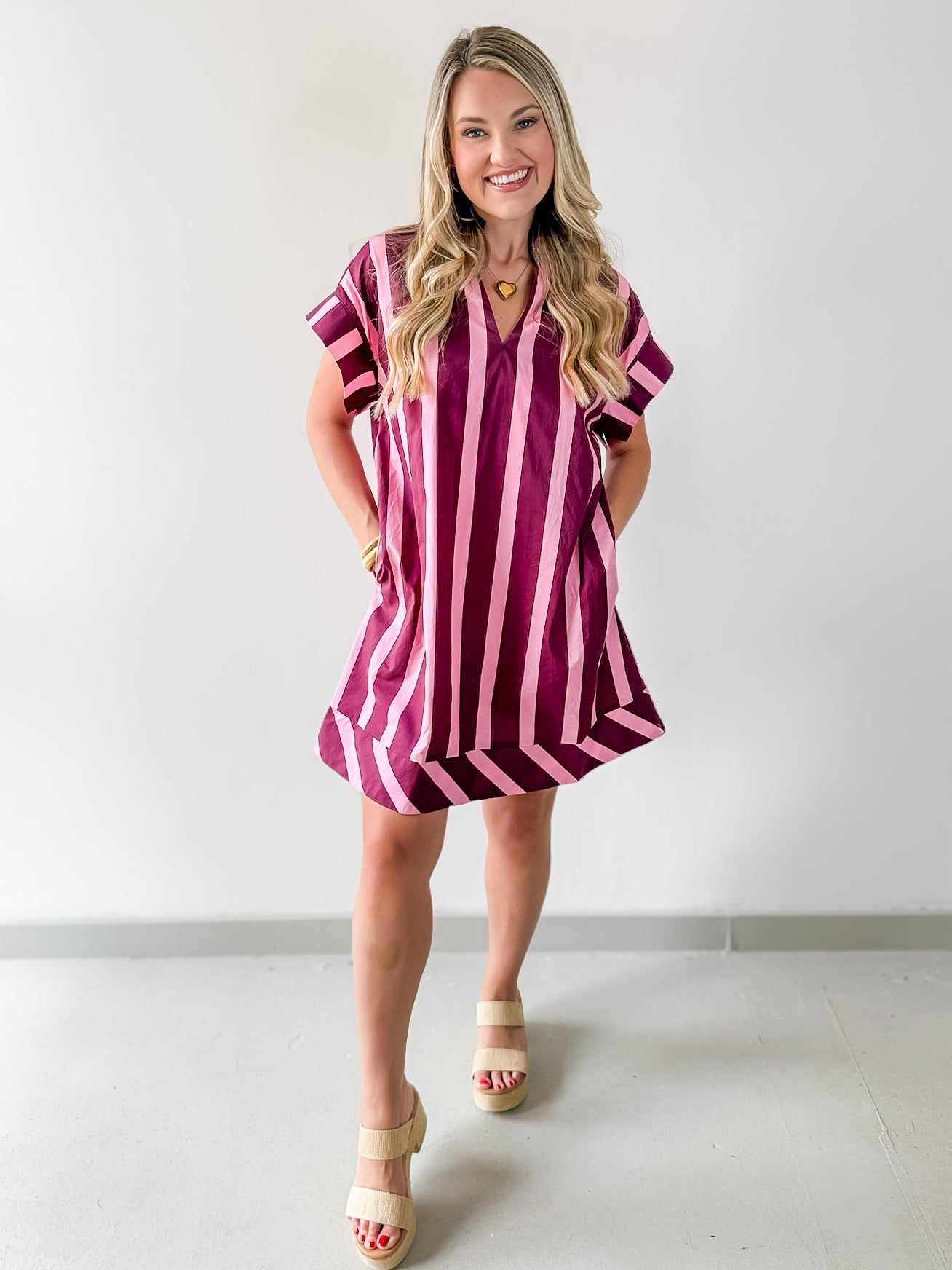 Stripe V Neck Shift Dress - Plum-Pink
