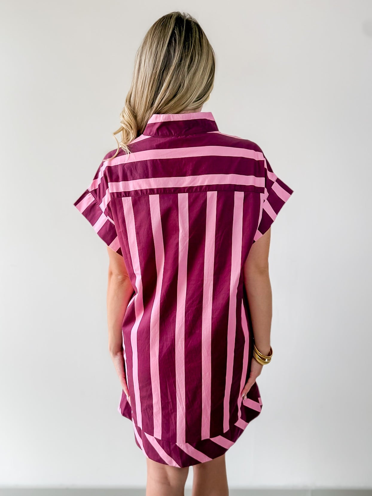 Stripe V Neck Shift Dress - Plum-Pink