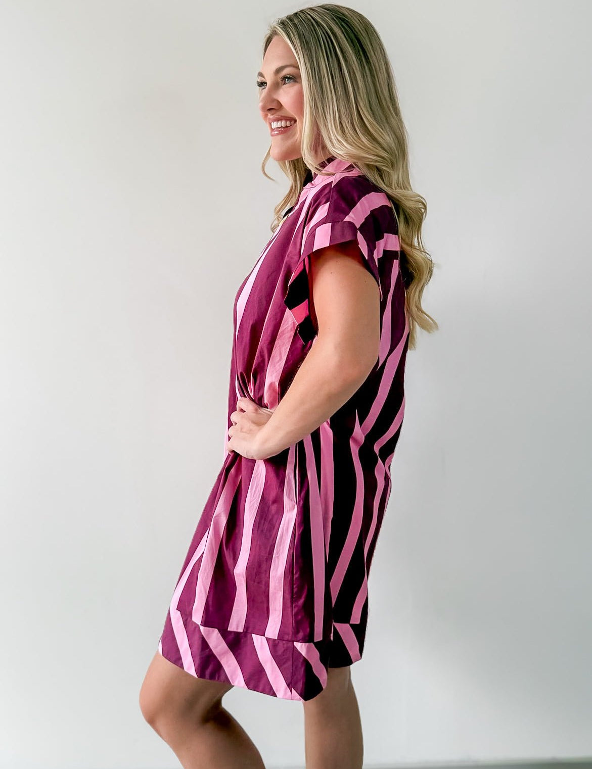 Stripe V Neck Shift Dress - Plum-Pink