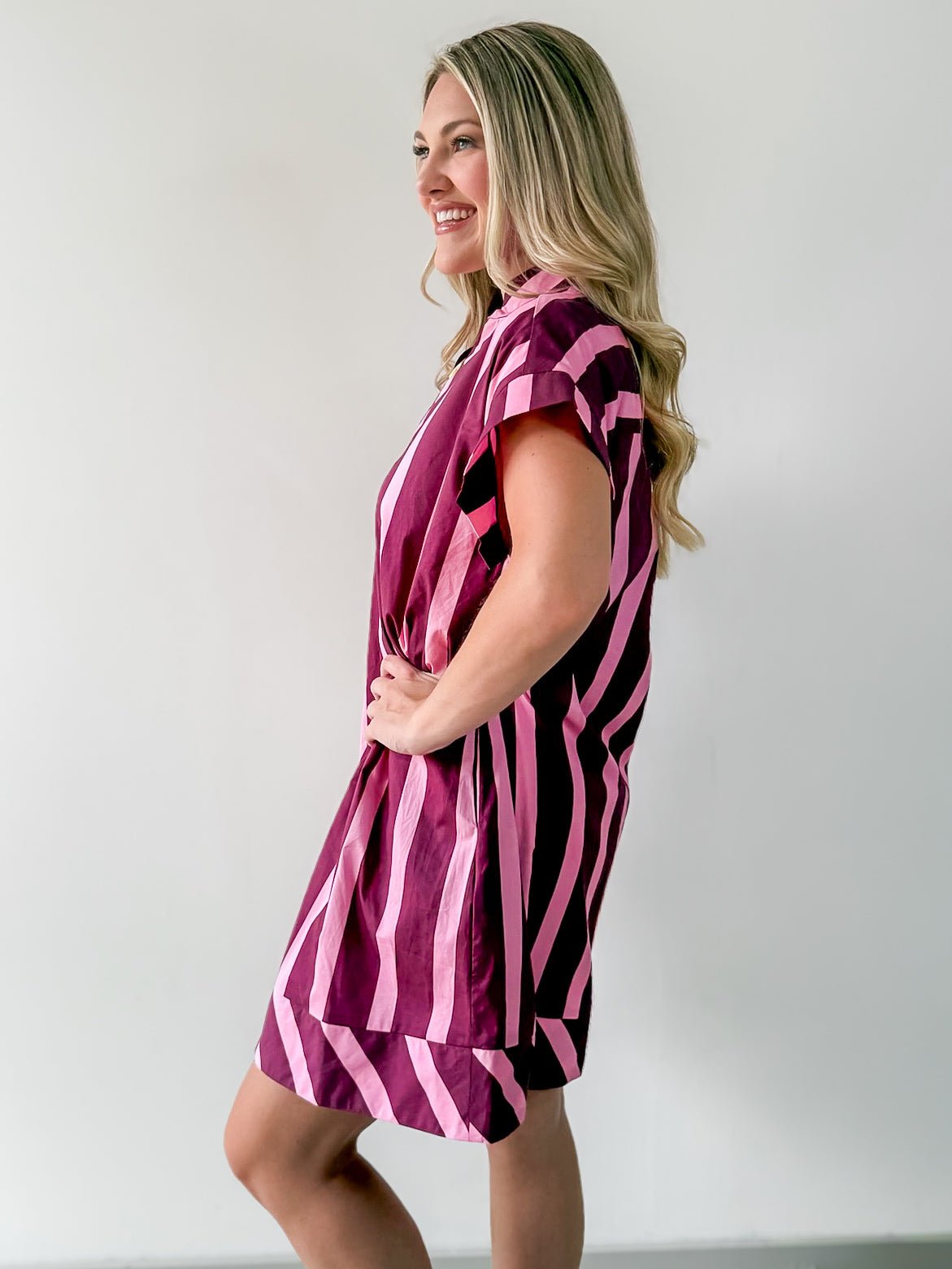 Stripe V Neck Shift Dress - Plum-Pink