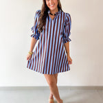 Striped 3/4 Puff Sleeve Mini Dress - Brown