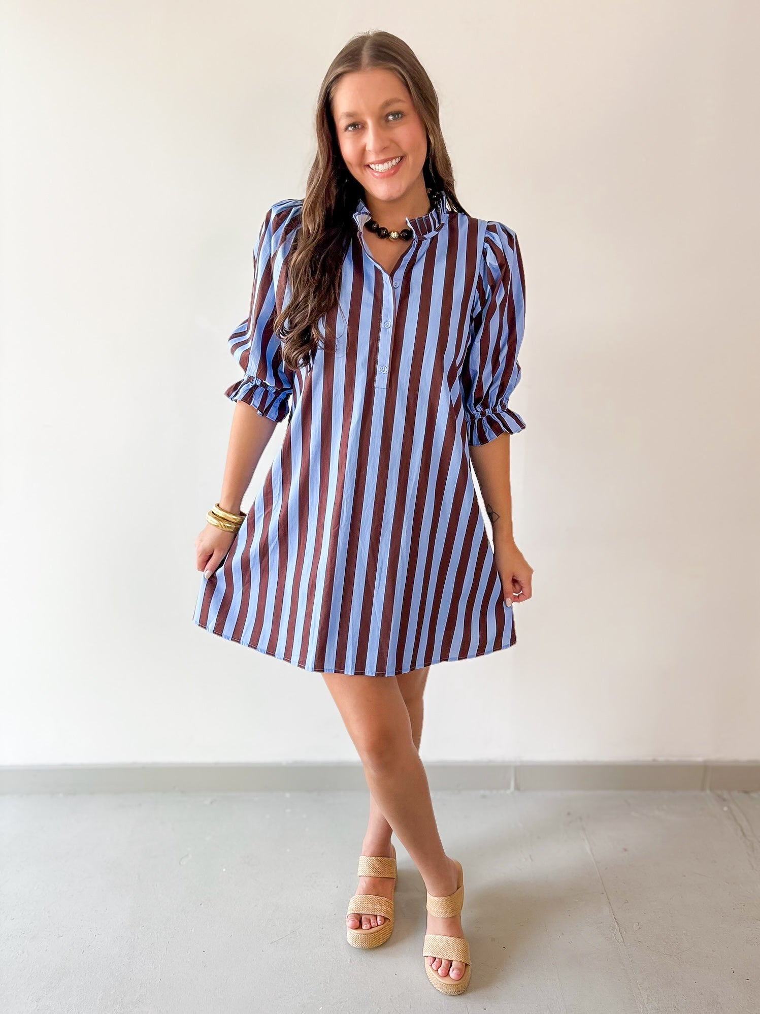 Striped 3/4 Puff Sleeve Mini Dress - Brown