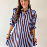 Striped 3/4 Puff Sleeve Mini Dress - Brown