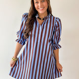 Striped 3/4 Puff Sleeve Mini Dress - Brown