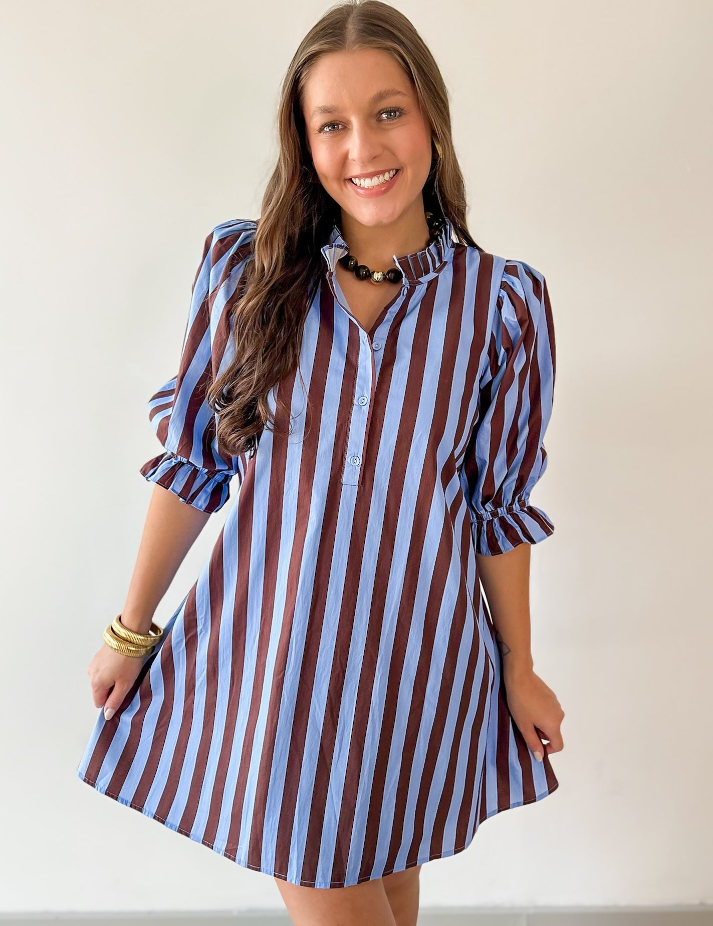 Striped 3/4 Puff Sleeve Mini Dress - Brown