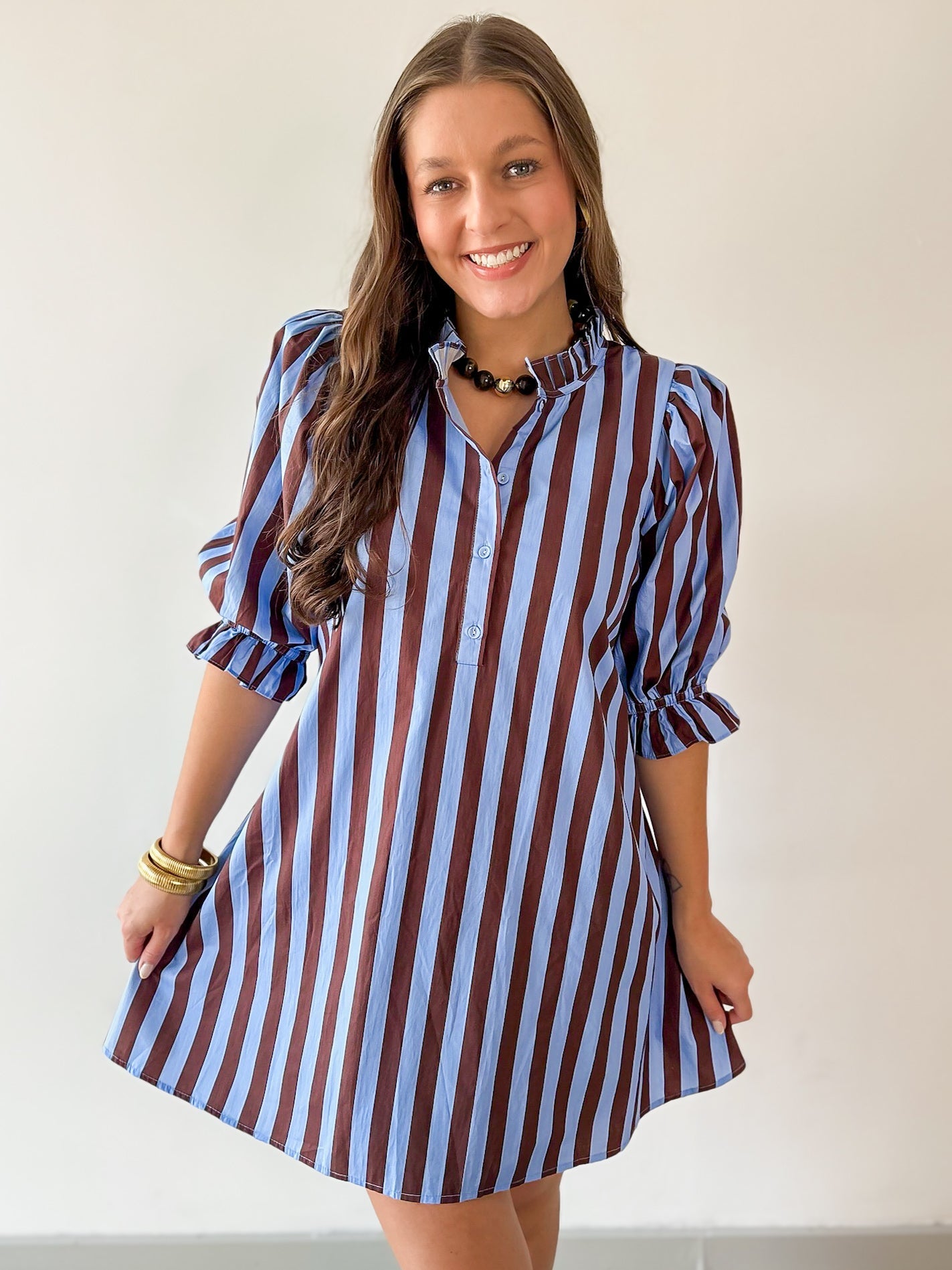 Striped 3/4 Puff Sleeve Mini Dress - Brown