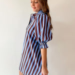 Striped 3/4 Puff Sleeve Mini Dress - Brown