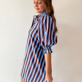 Striped 3/4 Puff Sleeve Mini Dress - Brown
