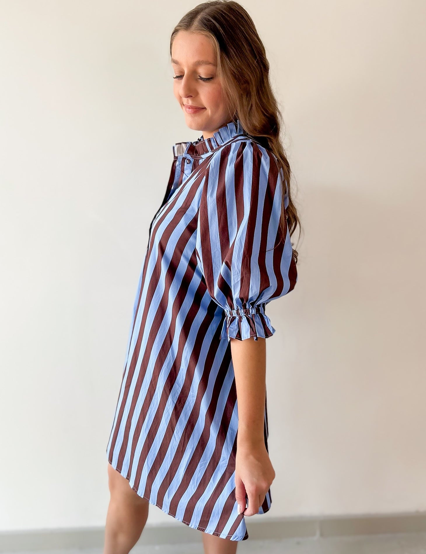 Striped 3/4 Puff Sleeve Mini Dress - Brown