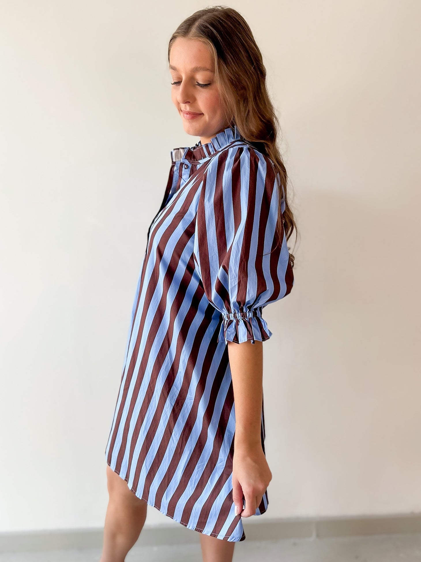 Striped 3/4 Puff Sleeve Mini Dress - Brown