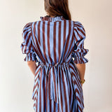 Striped 3/4 Puff Sleeve Mini Dress - Brown