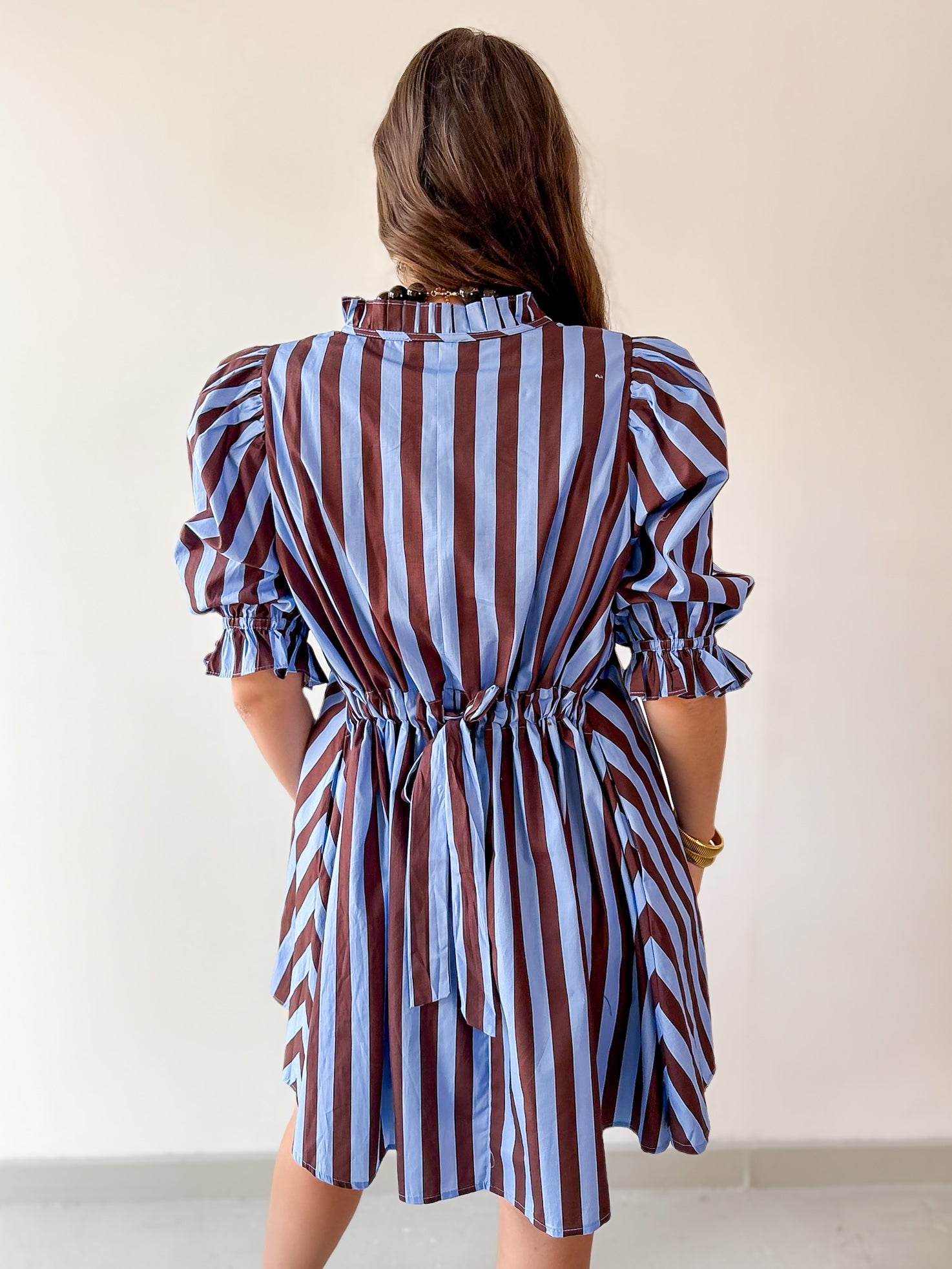 Striped 3/4 Puff Sleeve Mini Dress - Brown